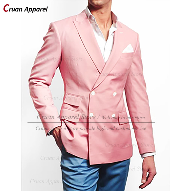 (원 블레이저) 최신 공식 핑크 더블 브레스트 망 블레 이저 웨딩 저녁 신사 정장 재킷 패션 슬림 피트 남성 코트